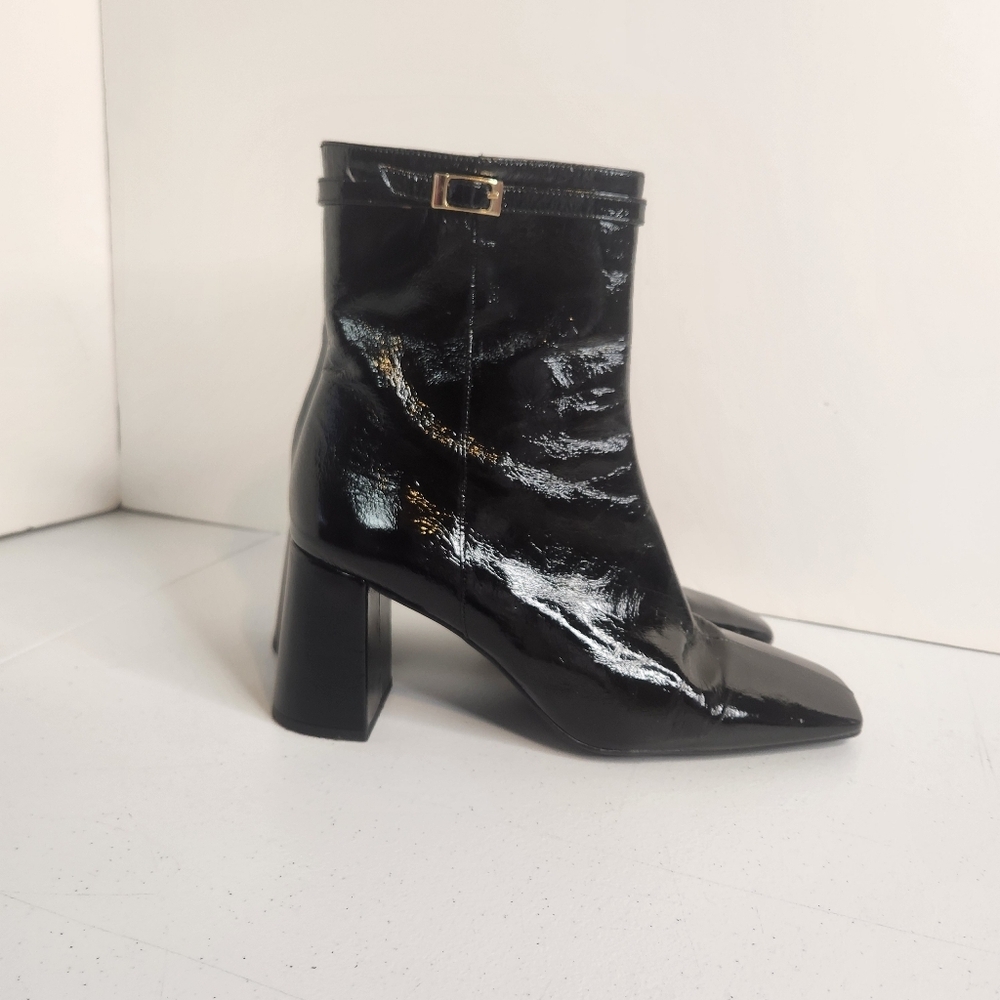 Ana Palma Black Patent Leather Chunky High Heel Boots Ankle Booties Size 41 9.5 - Picture 3 of 12